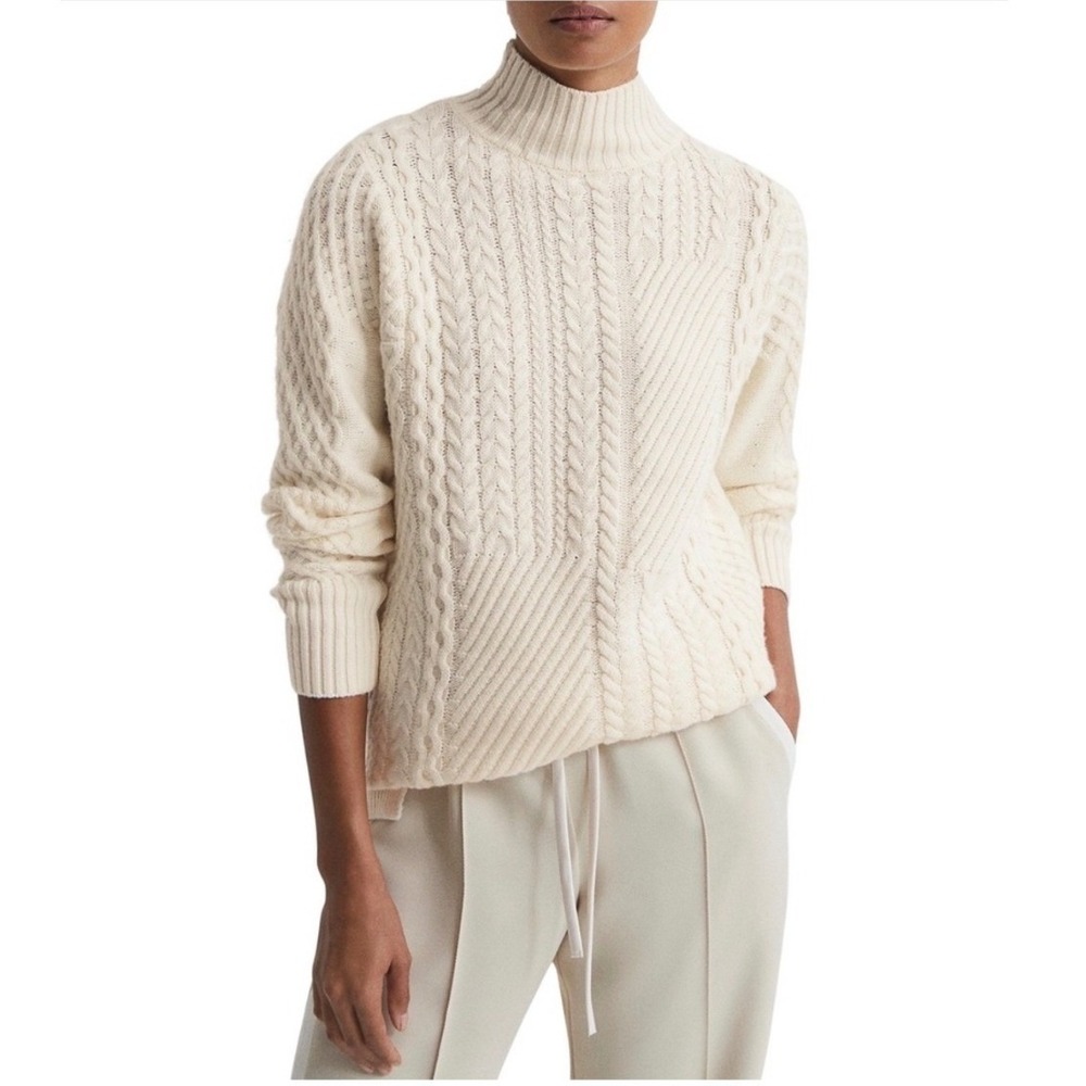 Reiss Martha Mixed Cable Knit Sweater Womens S Ivory EUC Mock Neck Wool Blend